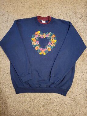90s Artisans Navy Double Crewneck Heart Shaped Leaf Autumn Grandma Sweatshirt